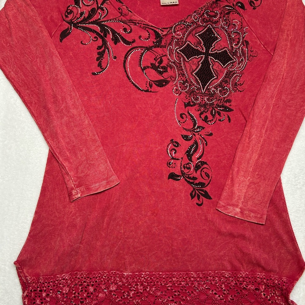 Elegant Red Embellished Long Sleeve Top